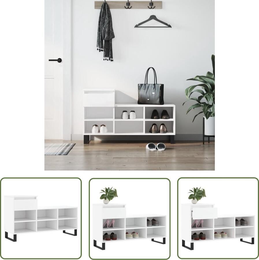 The Living Store Schoenenkast Elegant 1 lade 6 vakken 102 x 36 x 60 cm Duurzaam materiaal Flexibele installatie Metalen poten Kleur- wit Elegante Schoenenkast Schoenen Kast Schoenendoos Opbergruimte Houten Schoenenkast - Foto 2