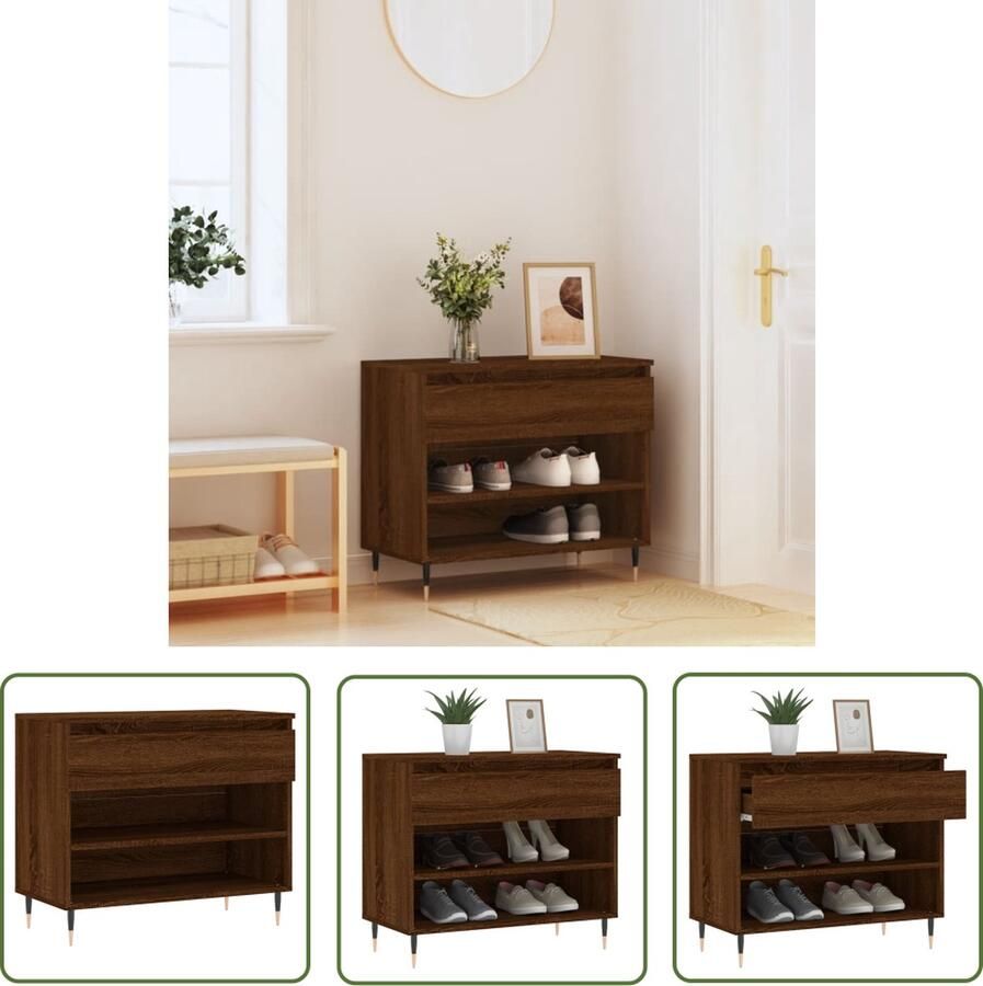The Living Store Schoenenkast Elegant Opbergruimte Afmetingen- 70 x 36 x 60 cm Kleur- Bruineiken Schoenenkast Schoenuitlegers Bergruimte Houten Schoenenkast Bruine Schoenenkast - Foto 2