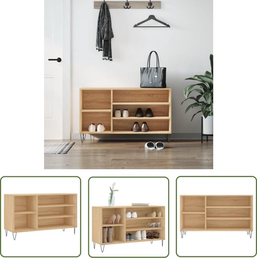 The Living Store Schoenenkast Elegante Opbergruimte 5 vakken Stevig blad Metalen poten Sonoma eiken 102 x 36 x 60 cm Schoenenkast Schoenen Rek Schoenuitlegger Bergruimte Houten Kast - Foto 2