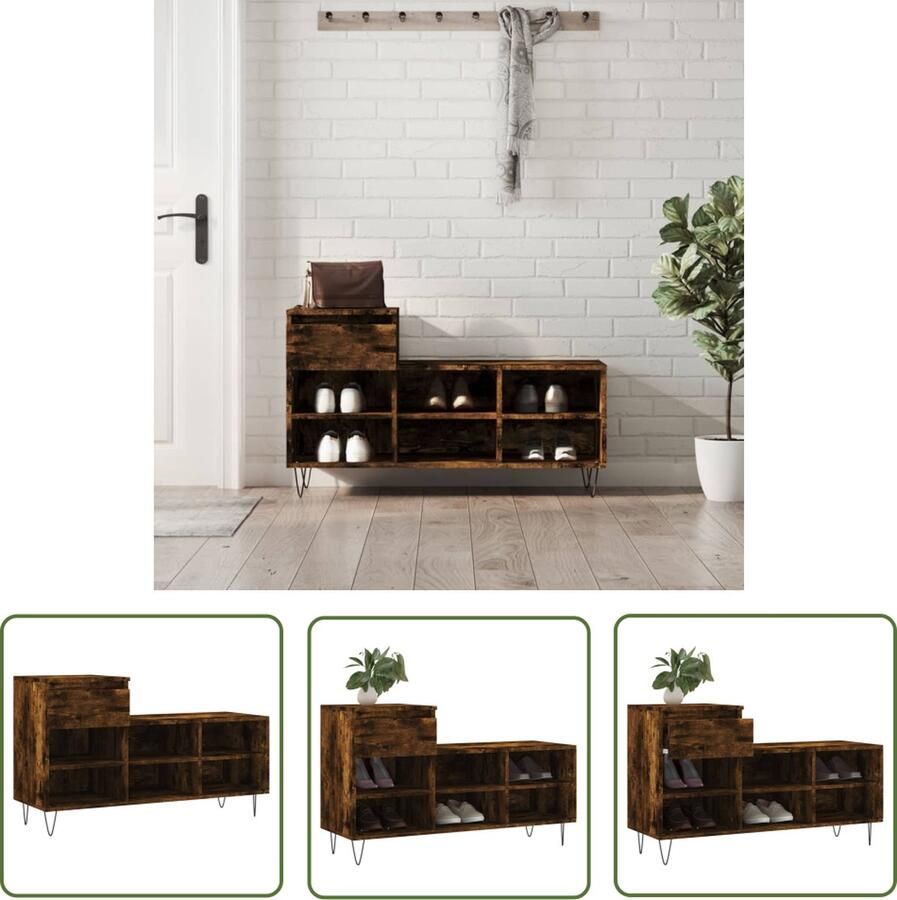 The Living Store Schoenenkast Gerookt Eiken 102 x 36 x 60 cm Duurzaam bewerkt hout Schoenenkast Houten Schoenenkast Bruine Schoenenkast Eiken Schoenenkast Bergruimte - Foto 2