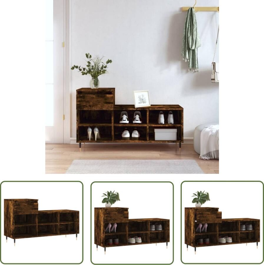 The Living Store Schoenenkast 102x36x60 cm bewerkt hout gerookt eikenkleurig Schoenenkast Houten Schoenenkast Bruine Schoenenkast Vintage Schoenenkast Entreebank - Foto 2