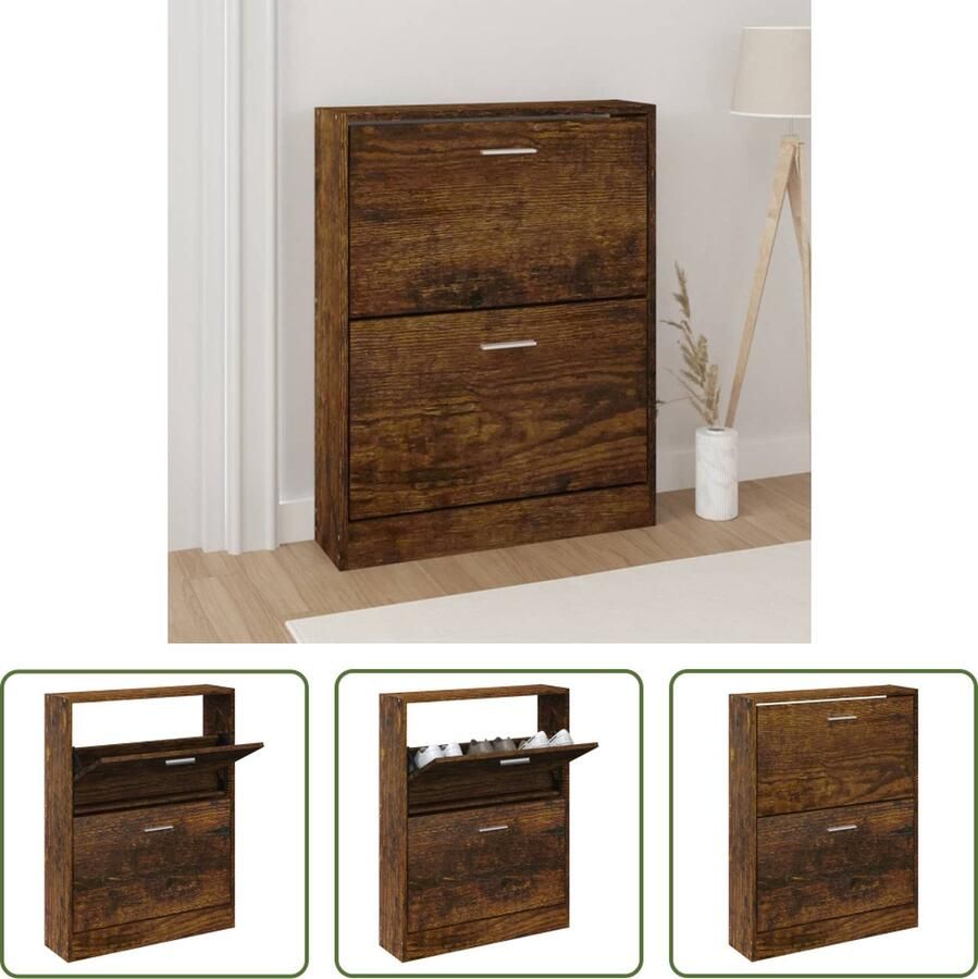 The Living Store Schoenenkast 59x17x81 cm bewerkt hout gerookt eikenkleurig Schoenenkast Houten Schoenenkast Schoenen Rek Bergruimte Organisatie - Foto 2