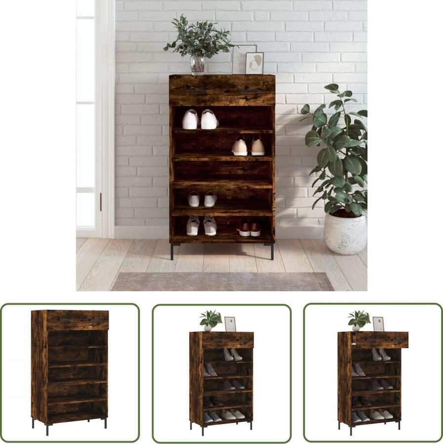 The Living Store Schoenenkast 60x35x105 cm bewerkt hout gerookt eikenkleurig Schoenenkast Schoenuitlegger Bergruimte Houten Kast Bruine Kast - Foto 2