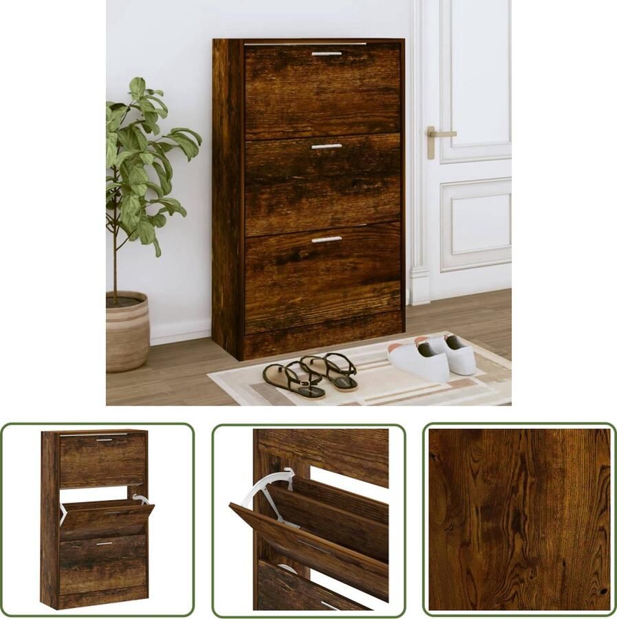 The Living Store Schoenenkast 63x24x103 cm bewerkt hout gerookt eikenkleurig Schoenenkast Houten Schoenenkast Bruine Schoenenkast Schoenen Organizer Bergruimte - Foto 2