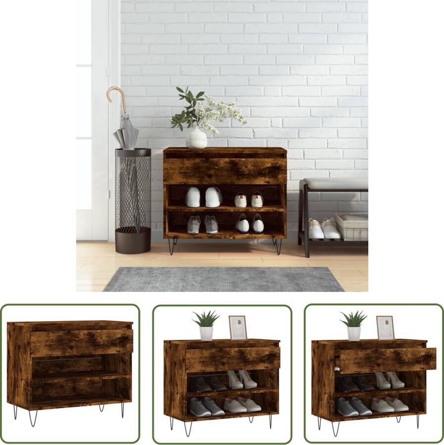 The Living Store Schoenenkast Gerookt Eiken 70 x 36 x 60 cm Montagehandleiding inbegrepen Schoenenkast Schoenuitlegers Bergruimte Kastje Houten Kast - Foto 5