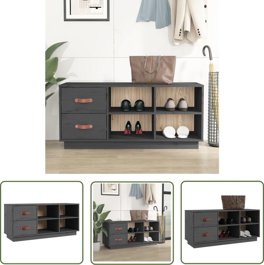The Living Store Schoenenkast Grenenhout 100x34x45 cm Grijs Schoenenkast Entree Meubilair Grenoble Hout Grijze Kast Opbergvakken - Foto 2