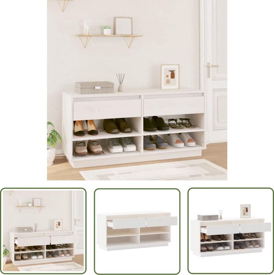 The Living Store Schoenenkast 110x34x52 cm massief grenenhout wit Schoenenkast Houtsoort Grenoble Hout Wit Opbergruimte