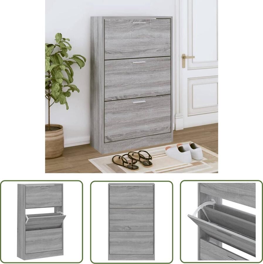 The Living Store Schoenenkast Grijs Sonoma Eiken 63 x 24 x 103 cm 3 Lades Schoenenkast Schoenen Rek Bergruimte Kastje Interieurdecoratie - Foto 2