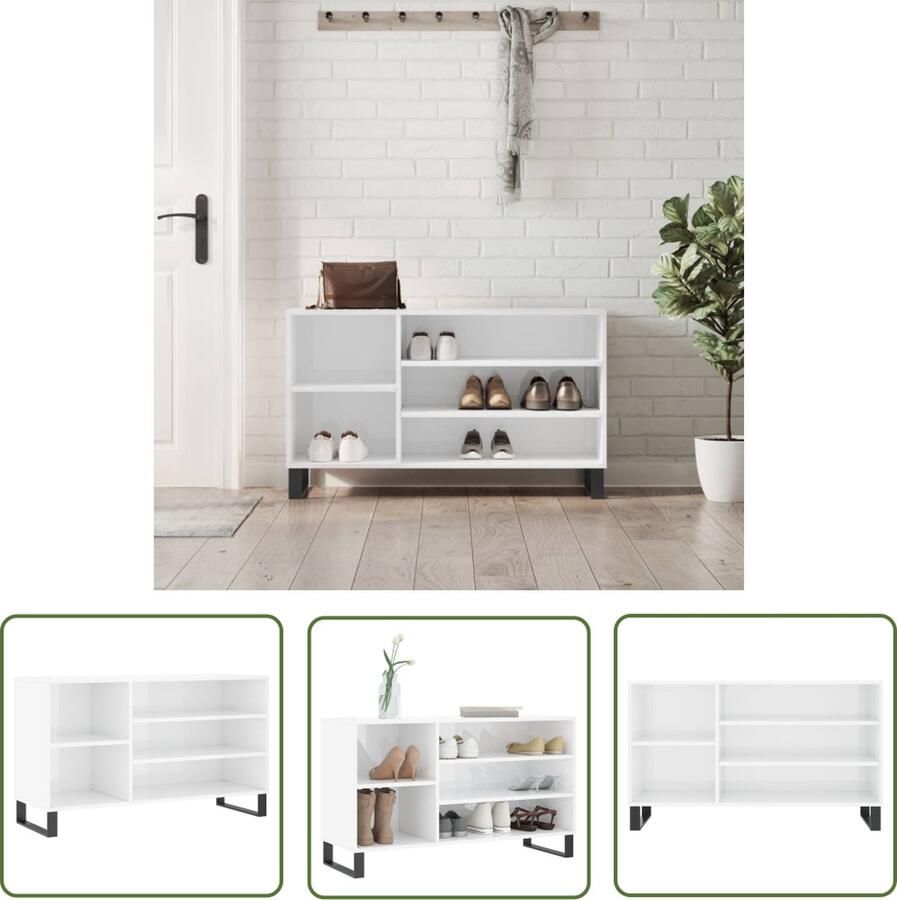 The Living Store Schoenenkast Hoogglans wit 102 x 36 x 60 cm Bewerkt hout en metaal Schoenenkast Schoenen Rek Schoenuitlegger Opslag Oplossing Kastje - Foto 2