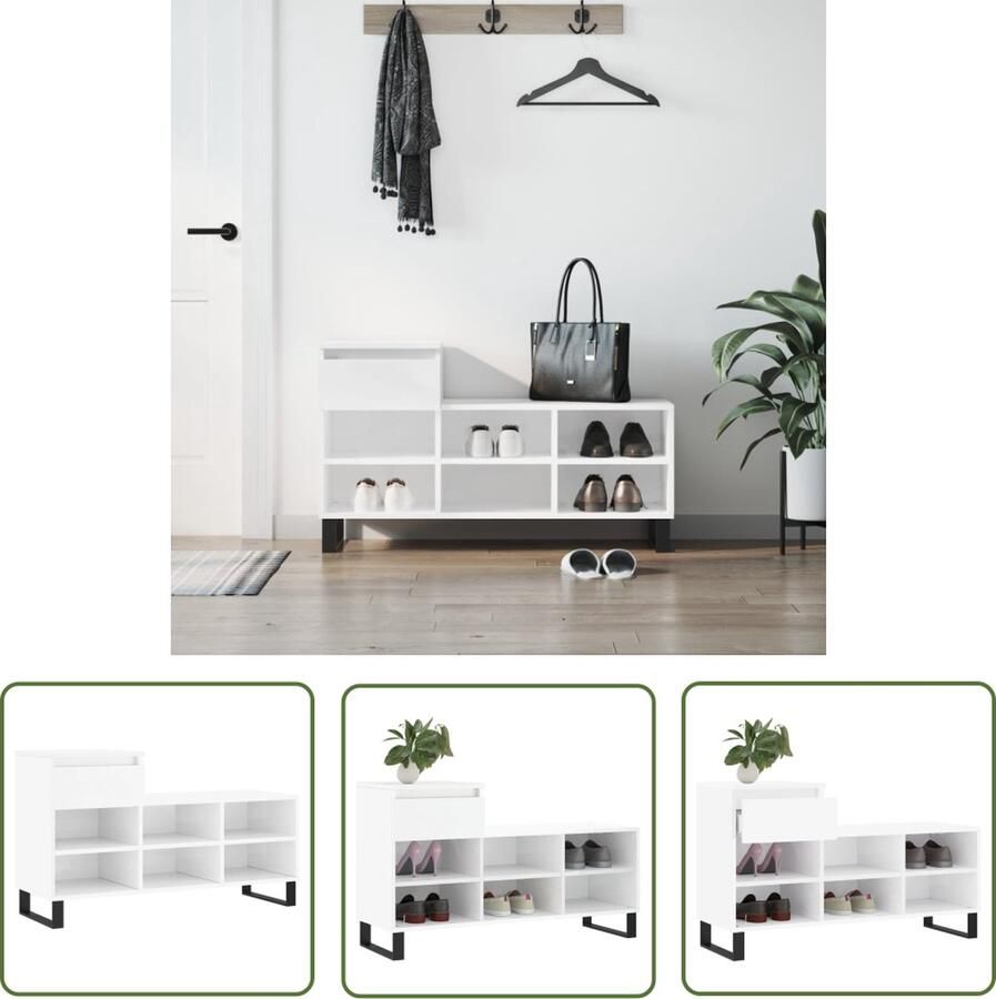 The Living Store Schoenenkast Hoogglans Wit 102 x 36 x 60 cm Met lade en 6 vakken Schoenenkast Witte Schoenenkast Houten Schoenenkast Schoenenopbergers Organisatie - Foto 2