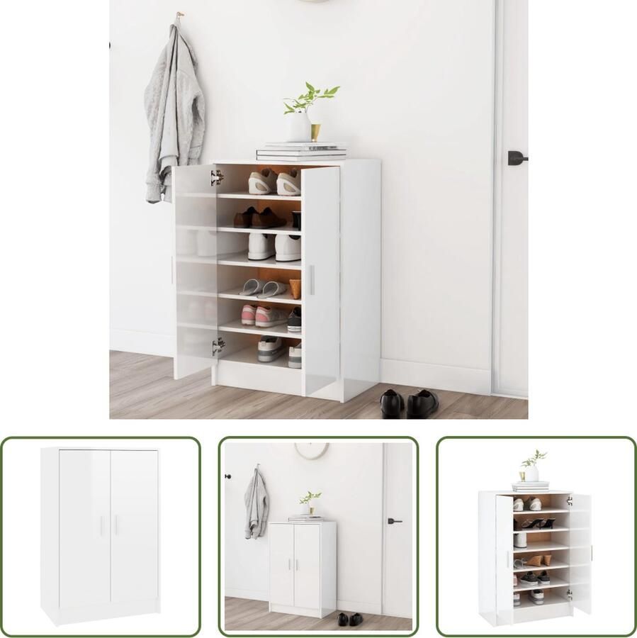 The Living Store Schoenenkast Hoogglans Wit 60 x 35 x 92 cm Gemaakt van spaanplaat - Foto 2