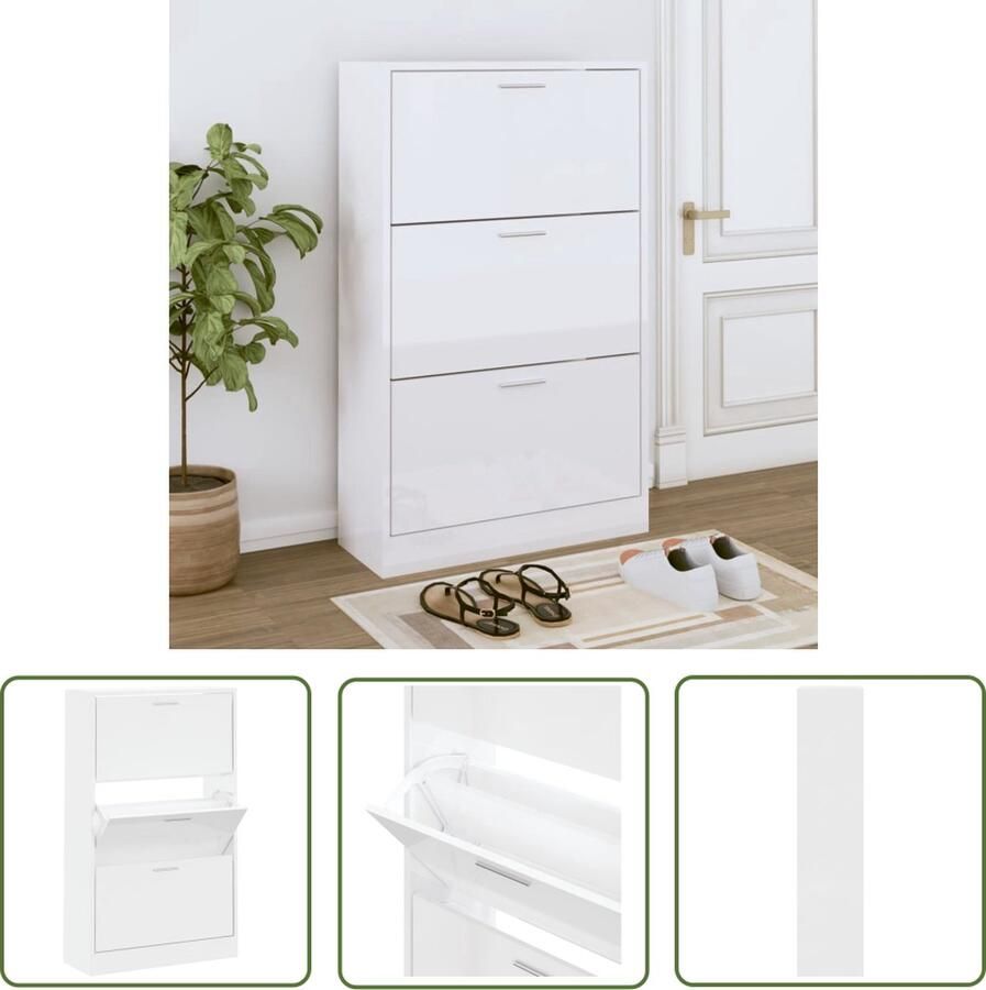The Living Store Schoenenkast 63x24x103 cm bewerkt hout hoogglans wit Schoenenkast Schoenen Rek Bergruimte Kastje Witte Kast