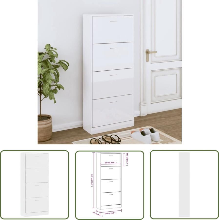 The Living Store Schoenenkast 63x24x147 cm bewerkt hout hoogglans wit Schoenenkast Houten Schoenenkast Wit Schoenenkast Schoenen Opbergen Organisatie - Foto 2