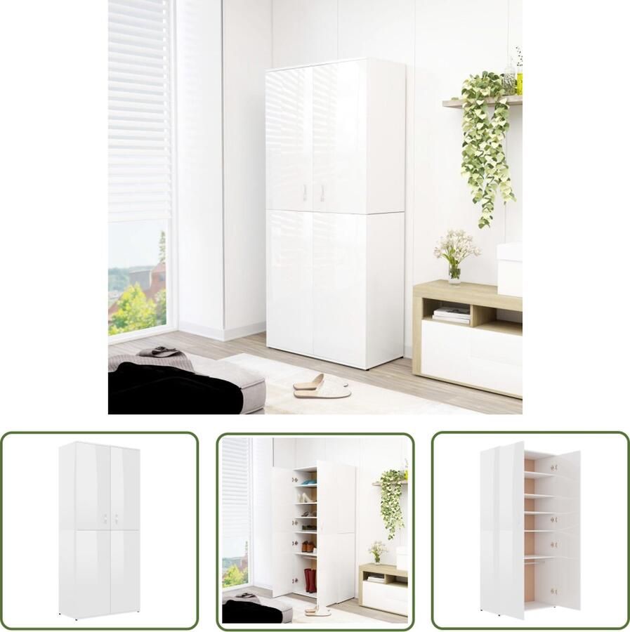 The Living Store Schoenenkast Hoogglans wit 80 x 39 x 178 cm 6 schappen 2 deuren - Foto 2