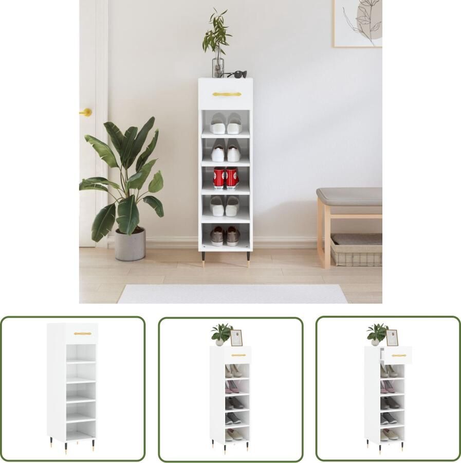 The Living Store Schoenenkast 30x35x105 cm bewerkt hout hoogglans wit Schoenenkast Houten Schoenenkast Schoenenrek Opbergkast Woonkamer Kast - Foto 2