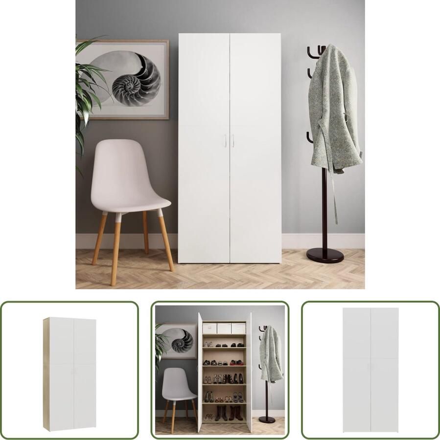 The Living Store Schoenenkast Hout 80 x 35.5 x 180 cm Wit en Sonoma eiken 6 schappen