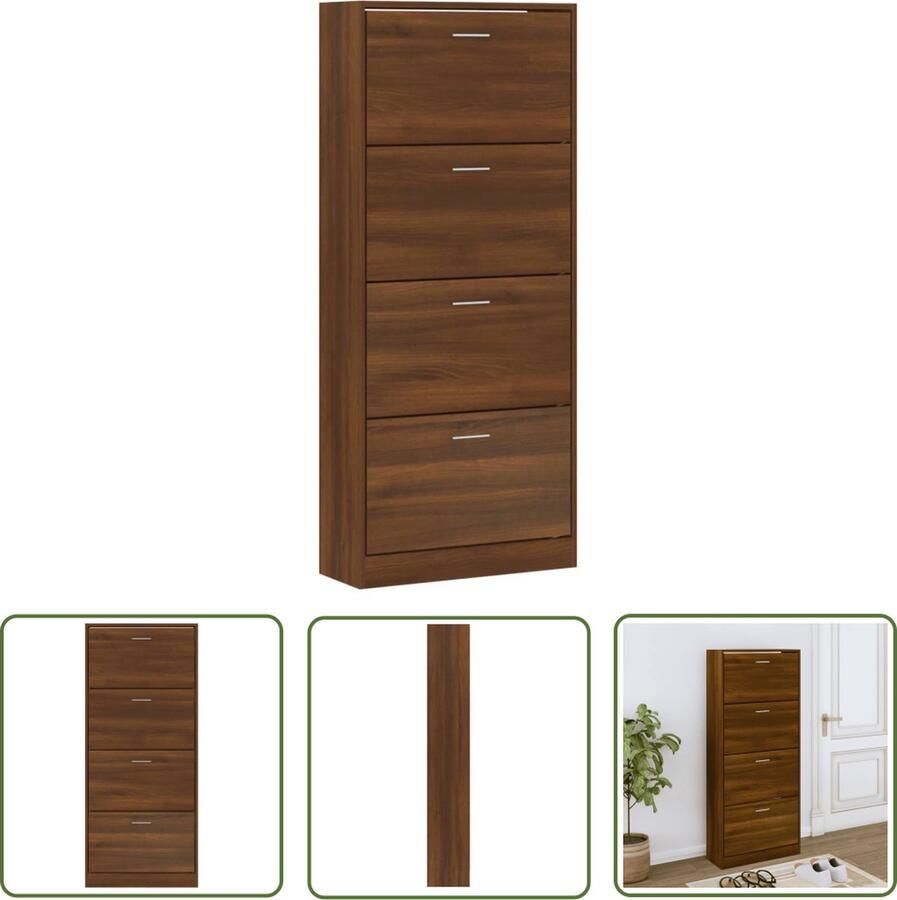 The Living Store Schoenenkast Houten Bruineiken 63 x 24 x 147 cm 4 Lades Schoenenkast Houten Kast Bergruimte Schoenuitlegger Entreemeubilair - Foto 2