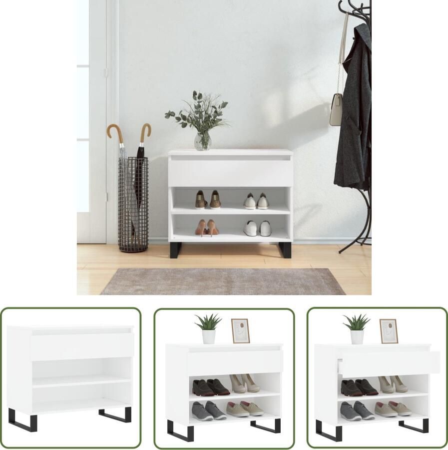 The Living Store Schoenenkast 70x36x60 cm bewerkt hout wit Schoenenkast Houten Schoenenkast Witte Schoenenkast Schoenen Organisatie Bergruimte - Foto 2