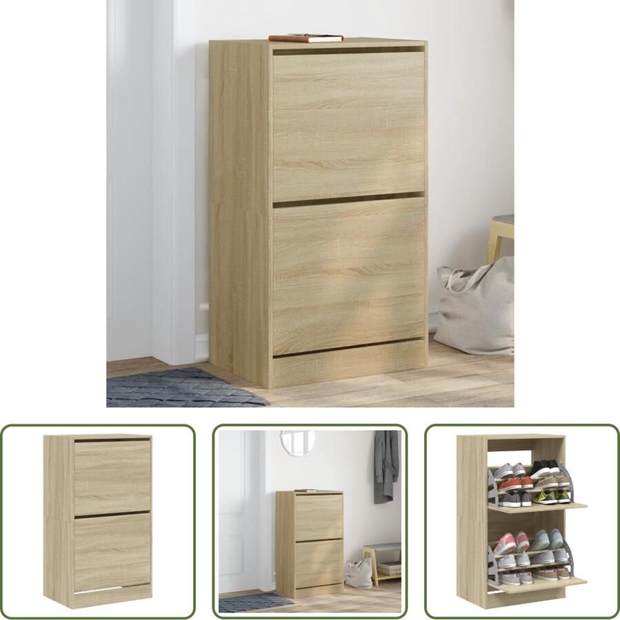 The Living Store Schoenenkast met 2 klaplades 60x42x108 cm sonoma eikenkleurig Schoenenkast Schoenen Organisatie Shoe Storage Houten Schoenenkast Bruine Schoenenkast