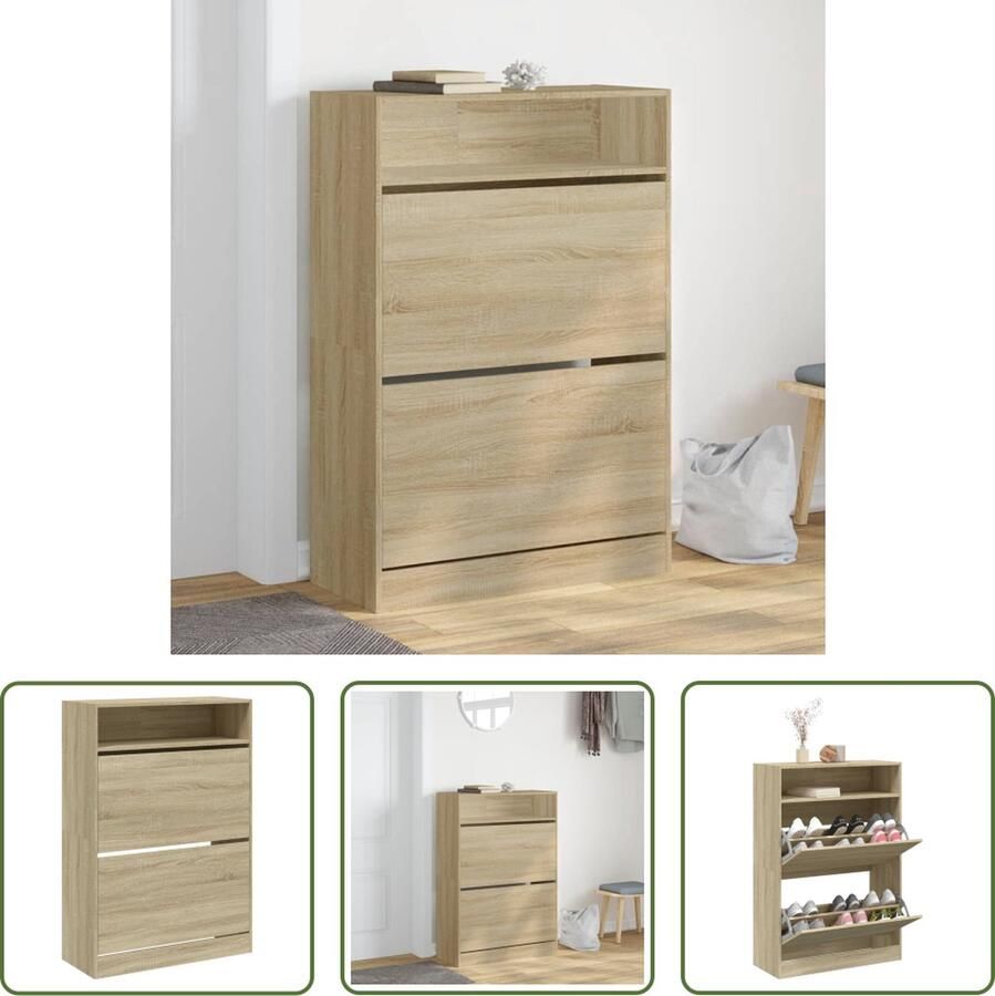 The Living Store Schoenenkast Sonoma Eiken 80 x 34 x 116 cm Ruimtebesparend Duurzaam 2 Klaplades Schoenenkast Schoenenopberg Houten Schoenenkast Bruine Schoenenkast Compact Schoenenkast