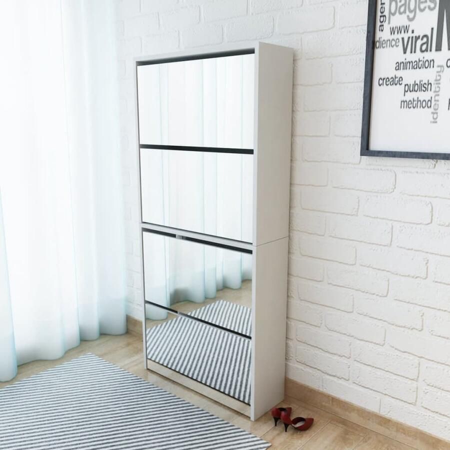 The Living Store Schoenenkast met spiegel 63x17x134 cm 4 pull-down lades Wit Bewerkt hout en spiegel Schoenenkast Schoenen Rek Entree Meubilair Wandcloset Bergruimte - Foto 3