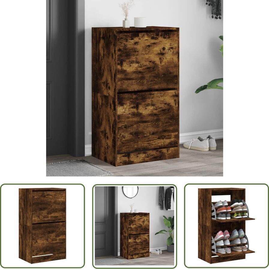 The Living Store Schoenenkast Modern Gerookt Eiken 60 x 42 x 108 cm Glad houten oppervlak met veel opbergruimte Schoenenkast Schoenuitlegger Bergruimte Opslagkasten Vintage - Foto 2