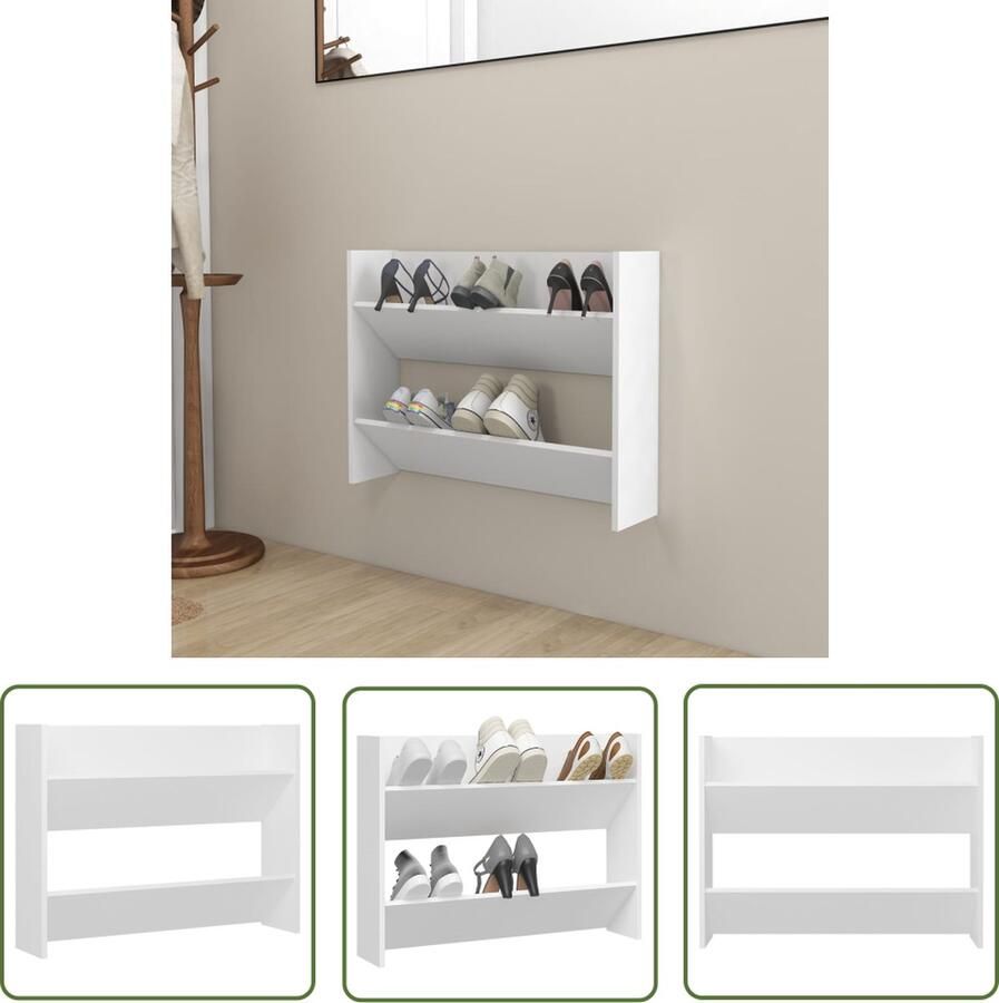 VidaXL Wandschoenkast Schoenendoos Wandschoenenkast 80x18x60 cm bewerkt hout wit Schoenrak Organisatie Kast Entree Meubilair - Foto 2