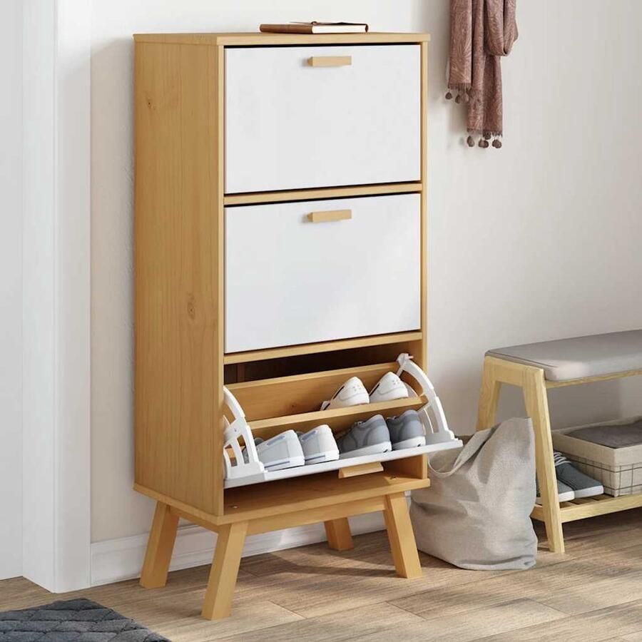 The Living Store Schoenenkast OLDEN 55x35x120 cm grenenhout wit en bruin Schoenenkast Schoenenopbergers Grenoblehouten Meubels Vintage Meubels Entreebankje