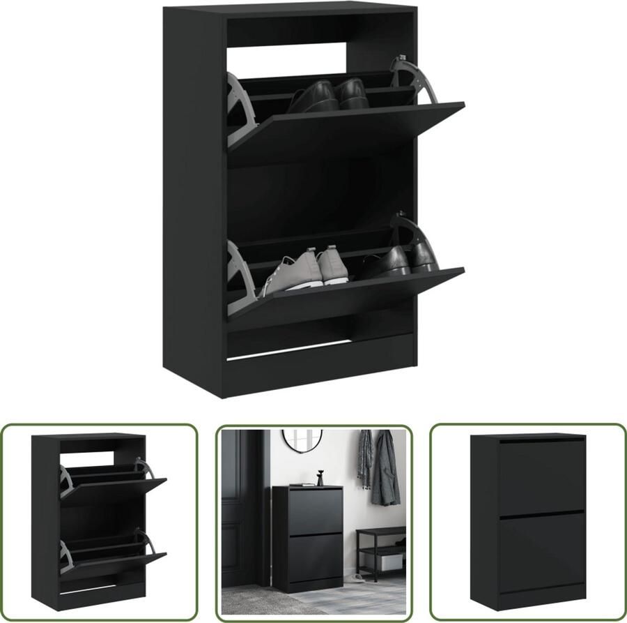 The Living Store Schoenenkast 60x34x96 5 cm bewerkt hout zwart Schoenenkast Compact Design Houten Schoenenkast Schoenen Opbergkast Entryway Furniture - Foto 2