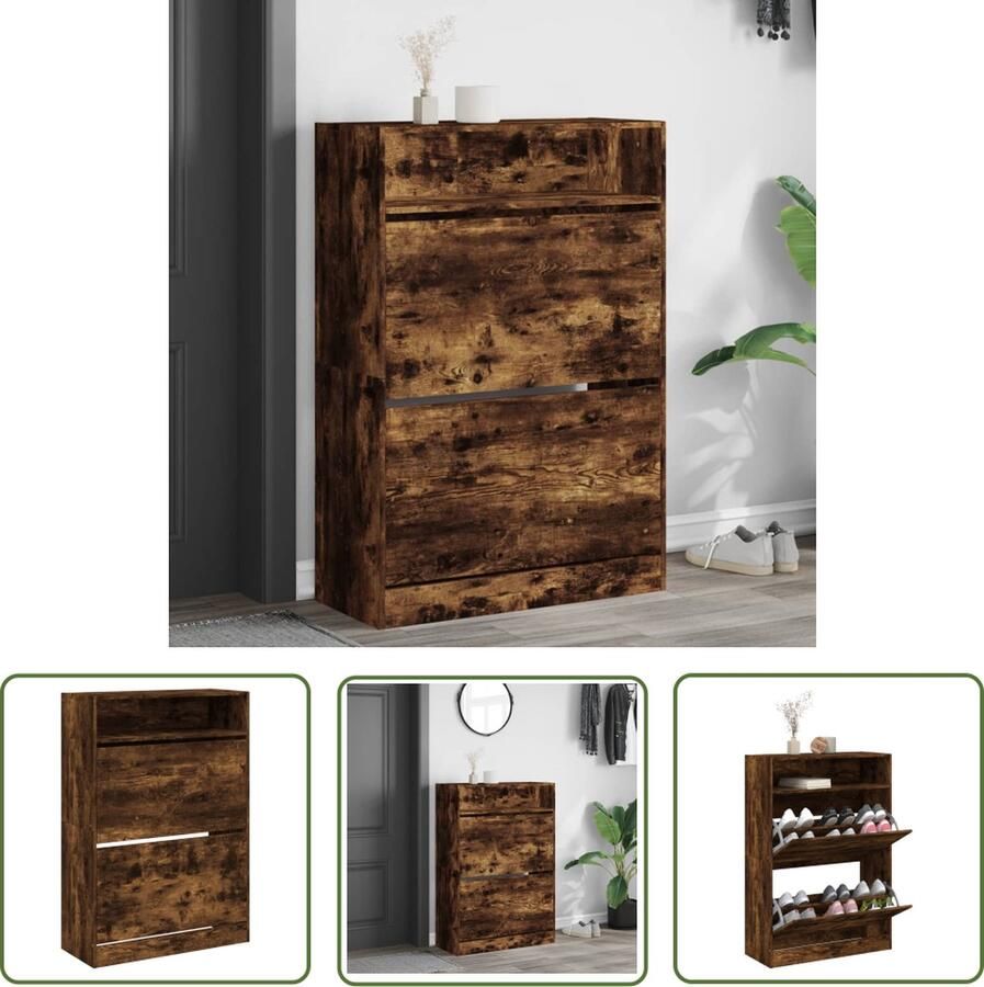 The Living Store Schoenenkast met 2 klaplades 80x34x116 cm gerookt eikenkleurig Schoenenkast Schoenen Organisatie Ruime Opbergruimte Houten Schoenenkast Space Saving Furniture - Foto 2
