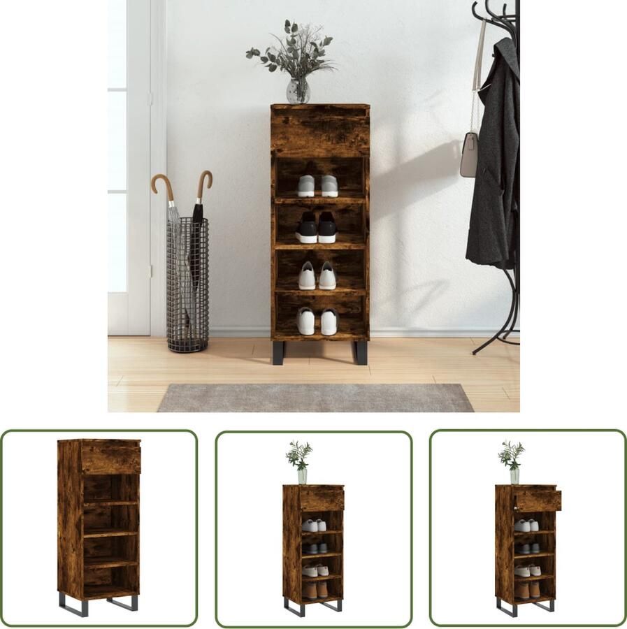 The Living Store Schoenenkast 40x36x105 cm bewerkt hout gerookt eikenkleurig Schoenenkast Schoenuitlegger Bergruimte Houten Schoenenkast Bruine Schoenenkast - Foto 2