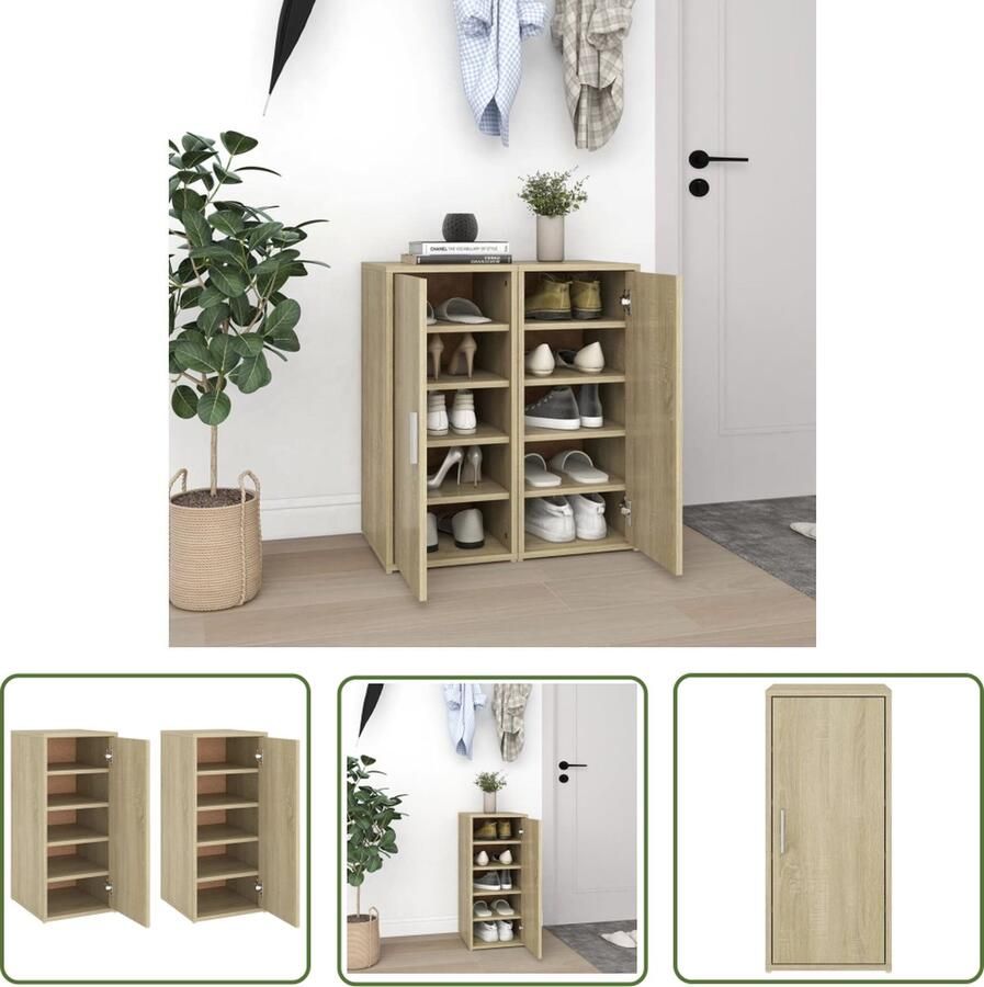 The Living Store Schoenenkasten 2 st 32x35x70 cm spaanplaat sonoma eikenkleurig Schoenenkast Schoenenopbergers Shoe Storage Kast Bergruimte - Foto 2