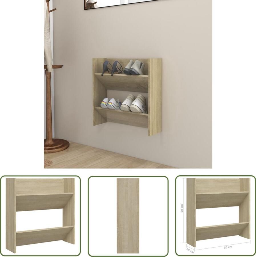 The Living Store Schoenenkast Sonoma eiken 60 x 18 x 60 cm 2 schuine schappen