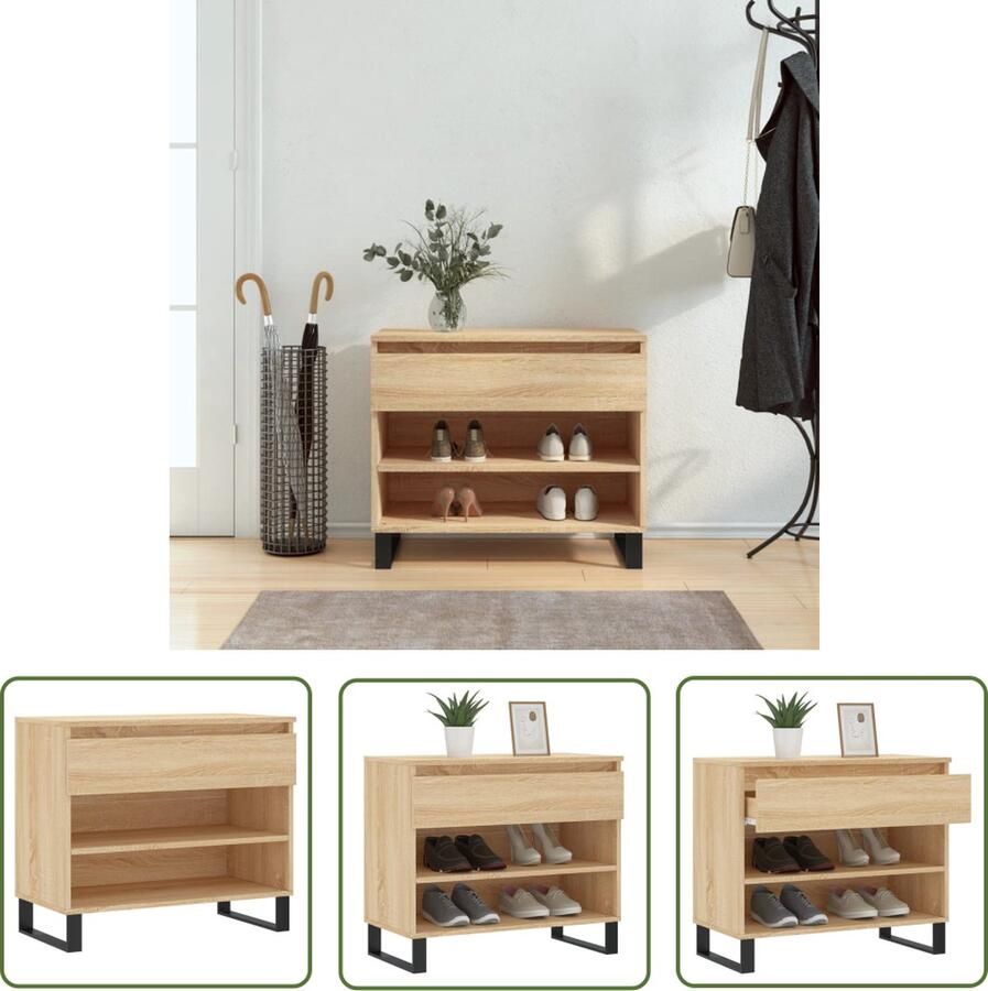 The Living Store Schoenenkast Sonoma Eiken 70 x 36 x 60 cm Duurzaam hout Met lade en 2 open vakken Schoenenkast Schoenen Rek Houten Schoenenkast Bruine Schoenenkast Vintage Schoenenkast - Foto 2