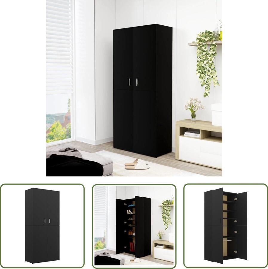 The Living Store Schoenenkast Tijdloos Meubel 80 x 39 x 178 cm zwart - Foto 2