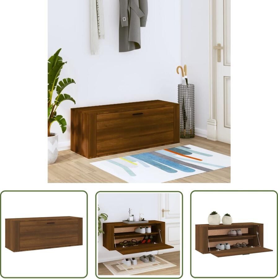The Living Store Schoenenkast wandgemonteerd 100x35x38cm bewerkt hout bruineiken Schoenenkast Wandmontage Compact Bruin Houten Schoenenkast - Foto 2