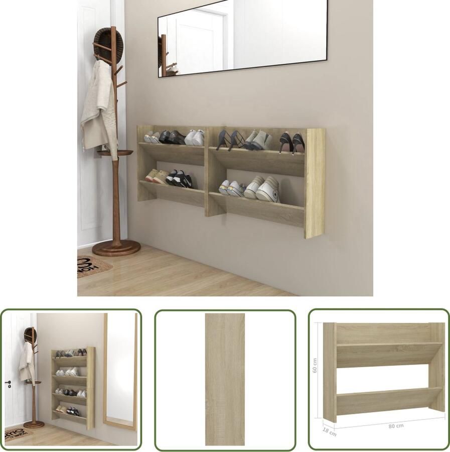 The Living Store Schoenenkast Wandmontage 80 x 18 x 60 cm Sonoma eiken 2 schappen - Foto 2