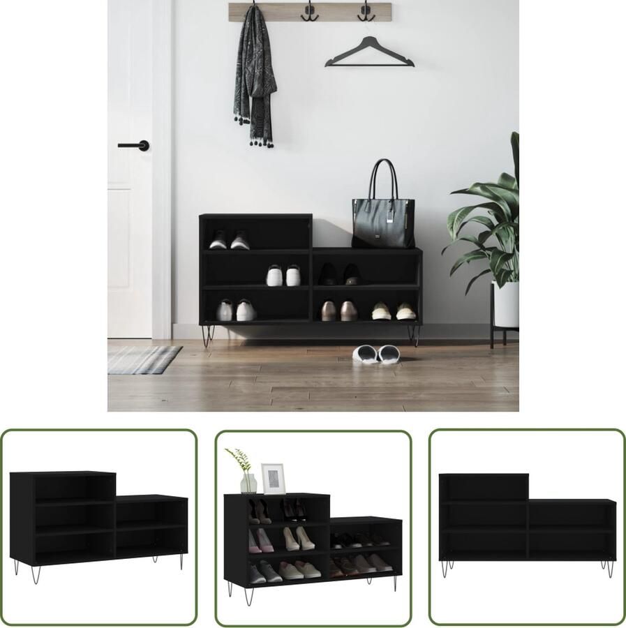 The Living Store Schoenenkast Zwart 102 x 36 x 60 cm Duurzaam bewerkt hout Voldoende opbergruimte Stevig blad Metalen poten Schoenenkast Schoenen Organisatie Kasten Opslagruimte Houten Kast - Foto 2