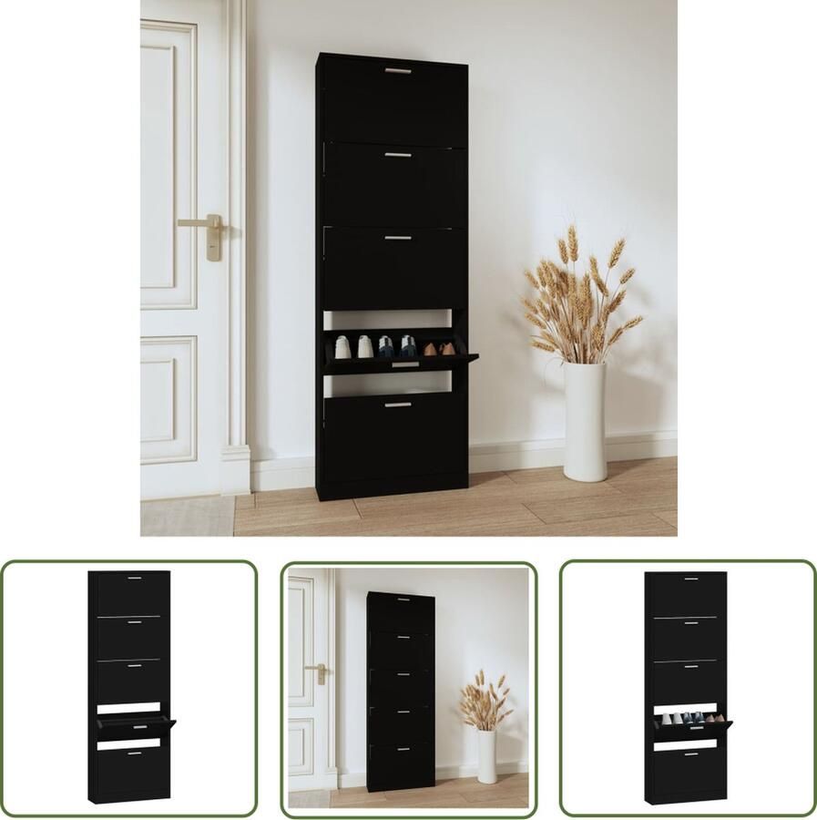 The Living Store Schoenenkast Zwart 59 x 17 x 169 cm 5 lades Duurzaam bewerkt hout Schoenenkast Houten Schoenenkast Zwarte Schoenenkast Schoenen Opbergen Organisatie