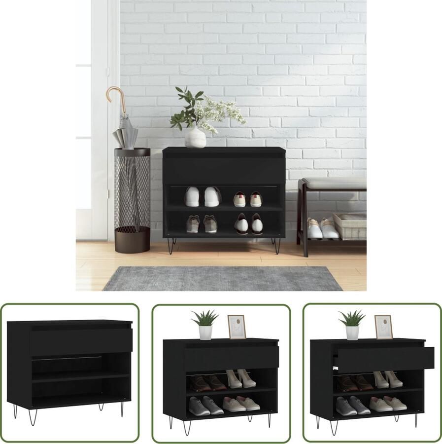 The Living Store Schoenenkast Zwart 70 x 36 x 60 cm (B x D x H) Met 1 lade en 2 open vakken Schoenenkast Schoenen Organisatie Houten Schoenenkast Zwarte Schoenenkast Compact Schoenenkast - Foto 2