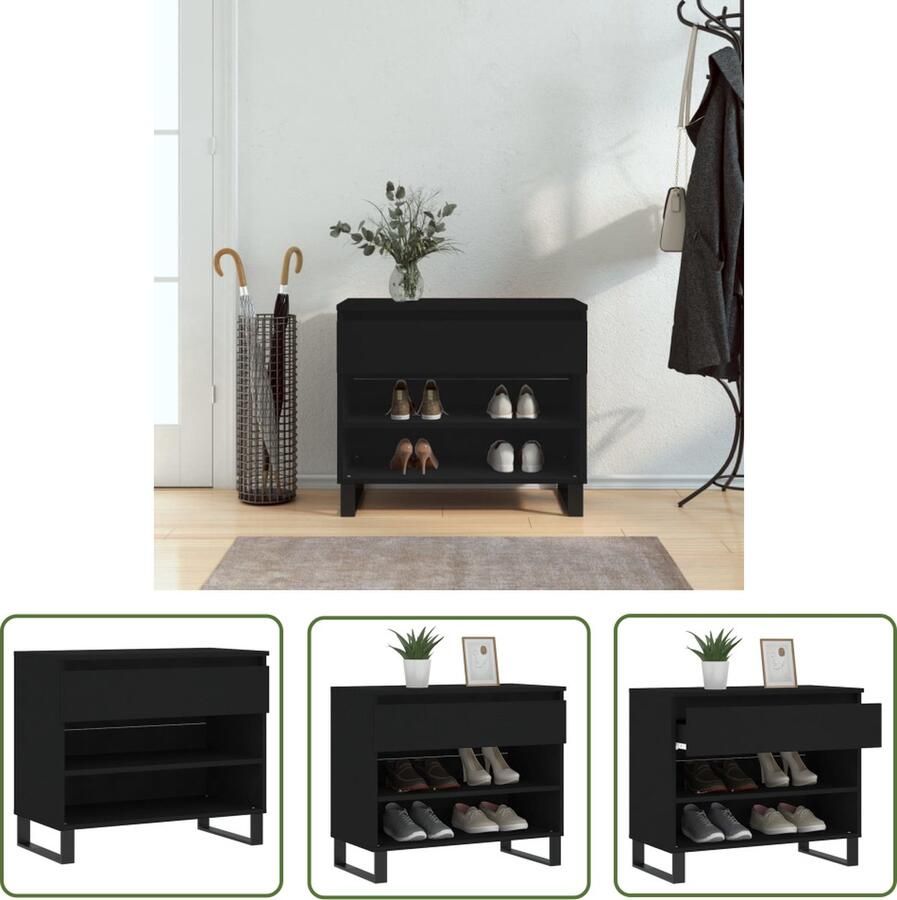 The Living Store Schoenenkast Zwart 70 x 36 x 60 cm Bewerkt hout en metaal
