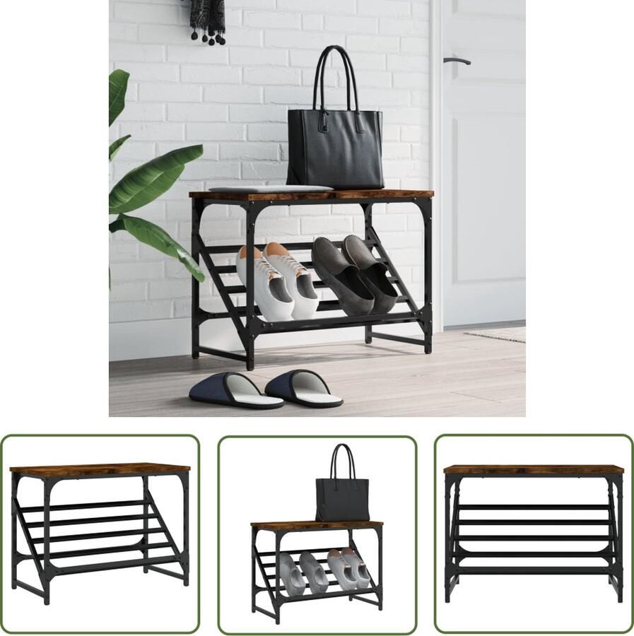 The Living Store Schoenenrek Classic Oak Houten schoenenopberger 60x30x45cm Gerookt eiken Schoenenrek Houten Schoenenrek Schoenuitlegger Vintage Schoenenrek Eiken Schoenenrek - Foto 2