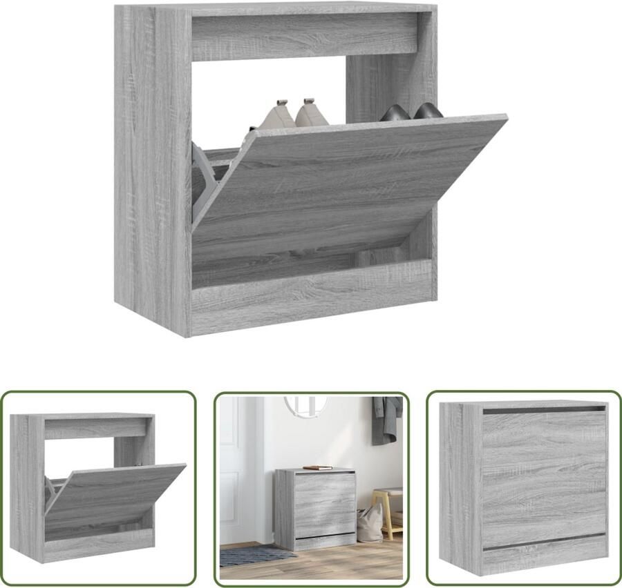The Living Store Schoenenkast 60x34x63 5 cm bewerkt hout grijs sonoma eikenkleur Schoenenkast Schoenen Rek Opberg Kast Compact Design Grijze Schoenenkast - Foto 3