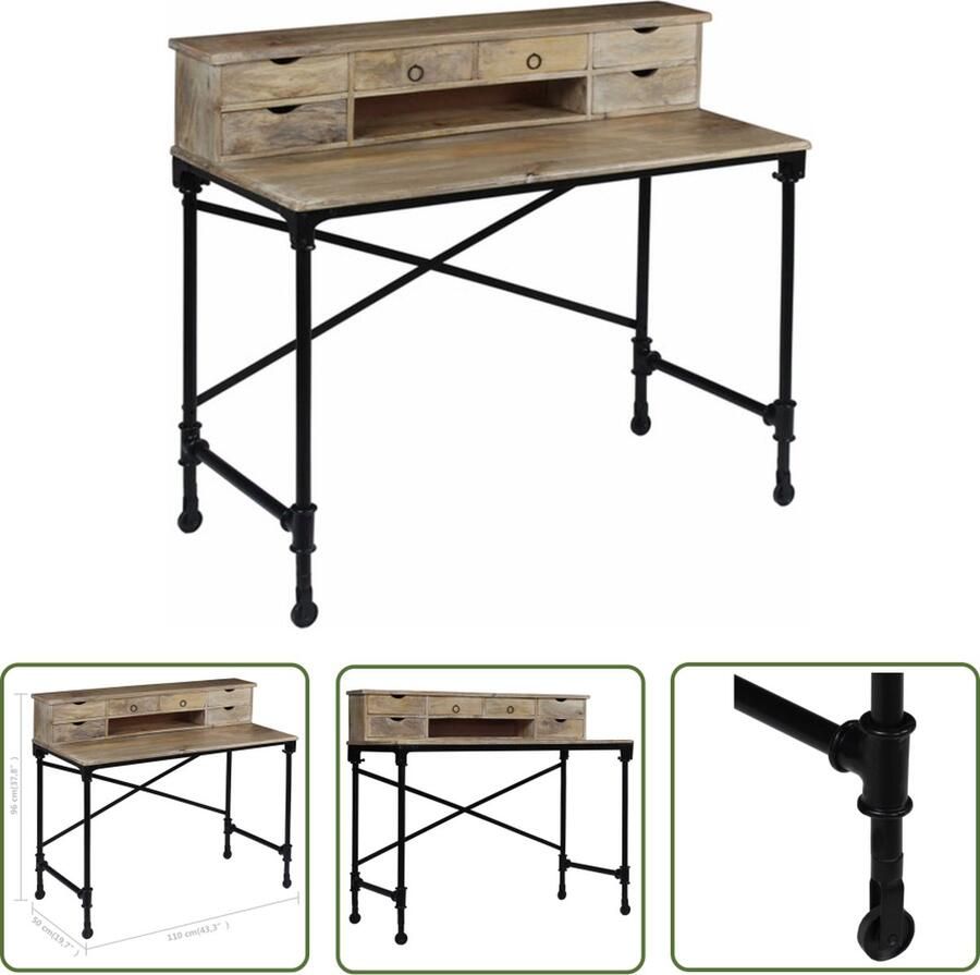 The Living Store Schrijftafel Vintage Mangohout 110x50x96cm 6 lades en 1 vak Schrijftafel Vintage Bureau Mangohouten Bureau Kantoor Meubilair Werkstation