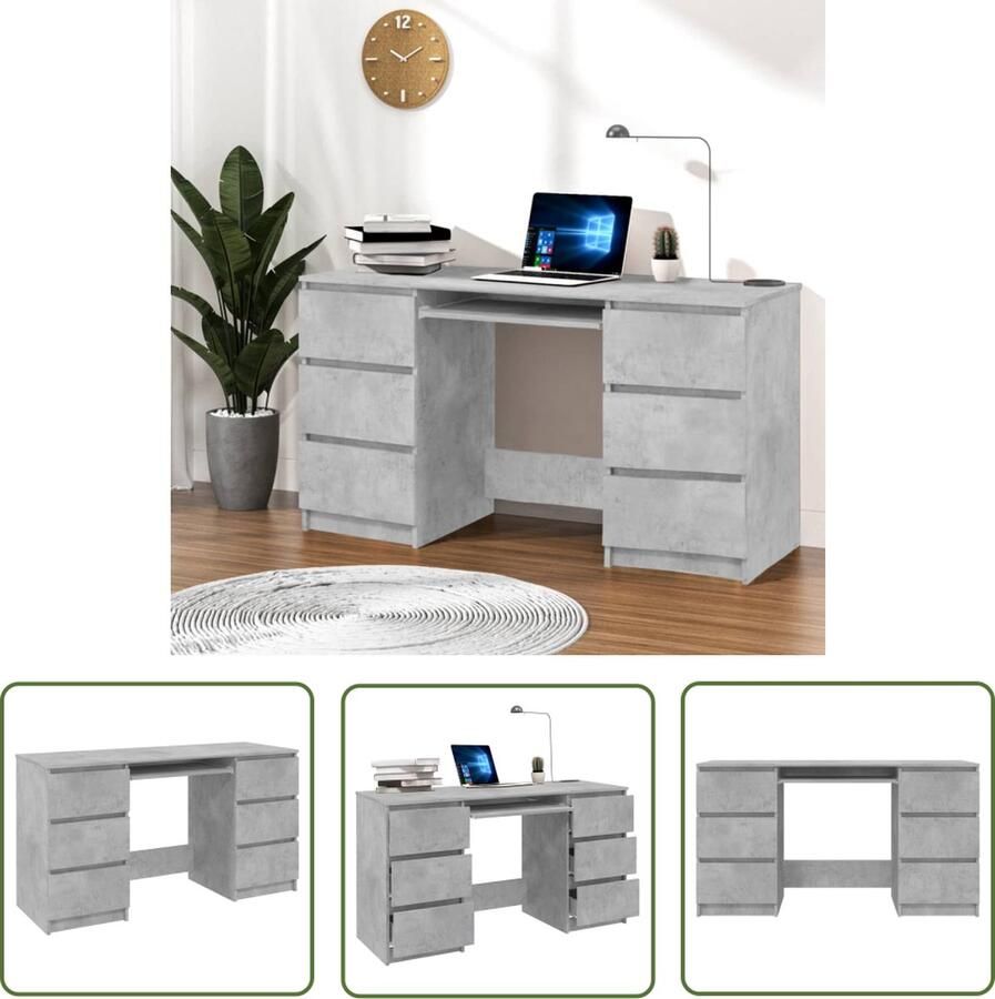 The Living Store Schrijftafel Bewerkt Hout 140 x 50 x 77 cm Betongrijs Met 6 lades Schreibtafel Bureaublad Home Office Houten Bureau Grijze Meubels - Foto 2