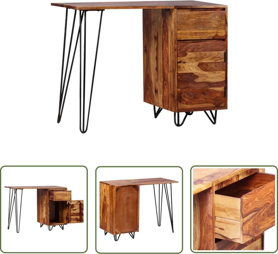 The Living Store Schrijftafel met 1 lade en 1 kastje massief sheeshamhout Schrijftafel Vintage Bureau Retro Meubels Houten Bureau Sheeshamhouten Bureau