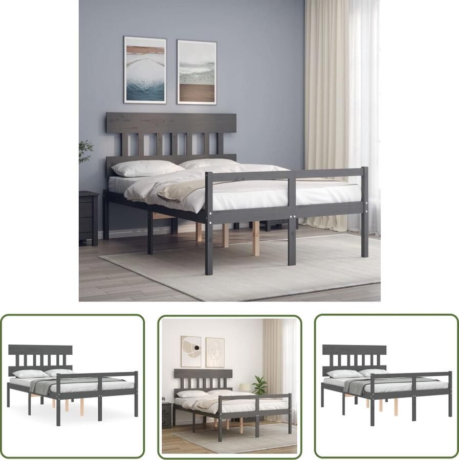 The Living Store Bedframe met hoofdbord massief hout grijs 4FT6 Double Bedframe Bedframes Bed Tweepersoonsbed Slaapkamermeubel Houten Bedframe Houten Bed Bedbodem Massief Houten Bedframe Ledikant Bedframe Met Hoofdeinde - Foto 6