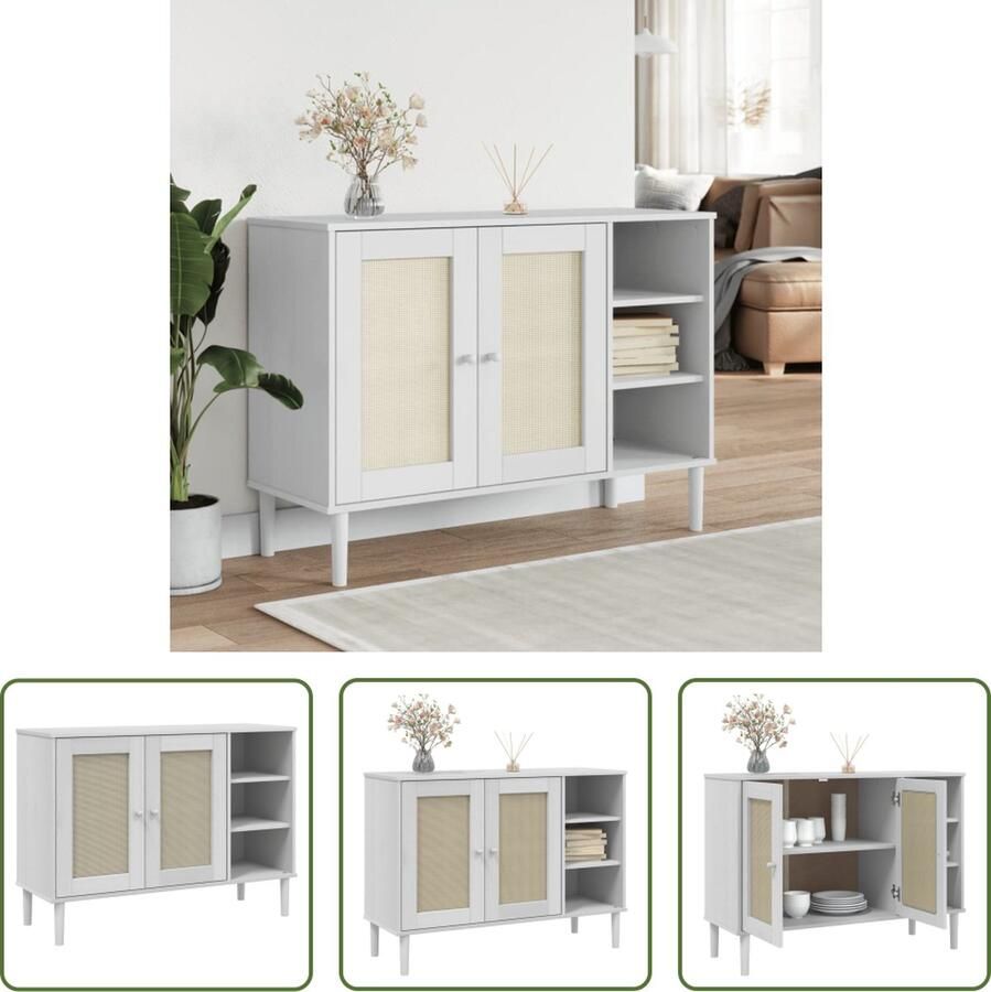 The Living Store Dressoir SENJA 112x40x80 cm rattan look massief grenenhout wit Dressoir Opbergkast Salontafel Livingroom Furniture Vintage Furniture