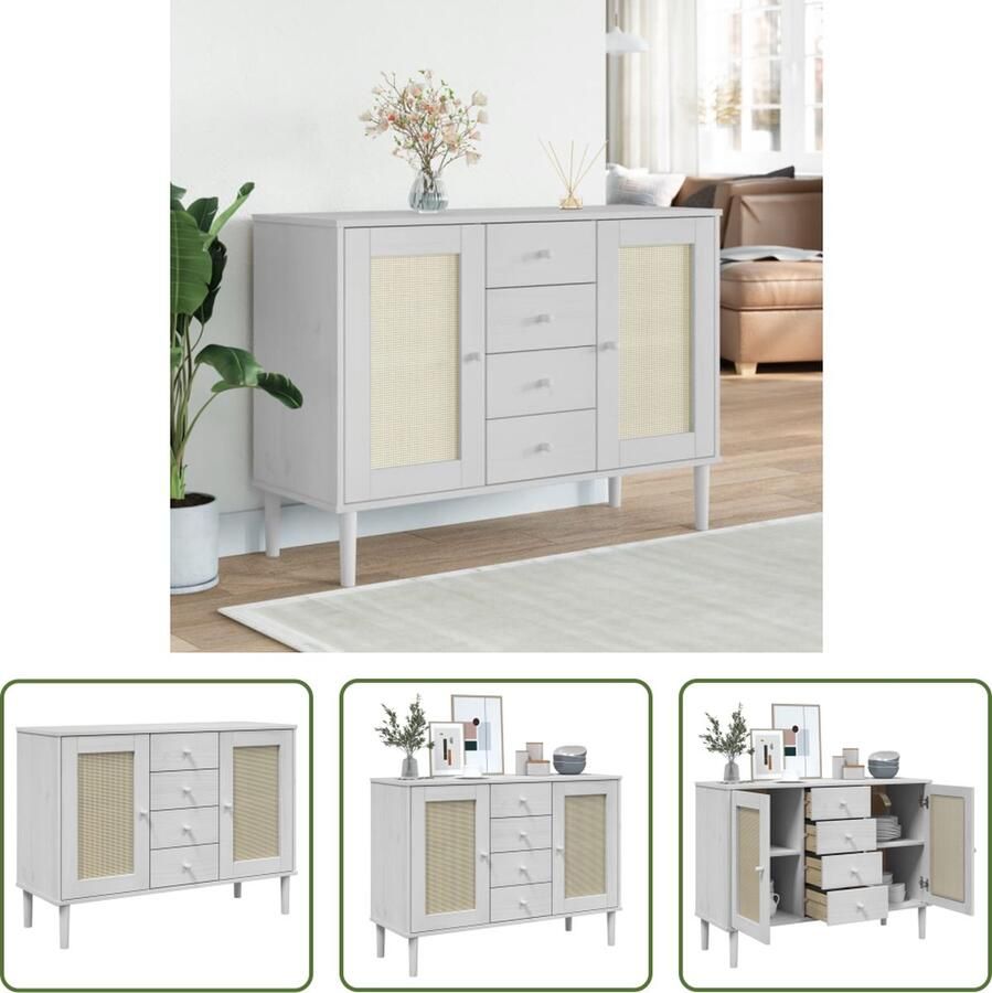The Living Store Dressoir SENJA rattan-look 112x40x80 cm massief grenenhout wit Dressoir Opbergkast Salontafel Woonkamerinrichting Vintage Stijl