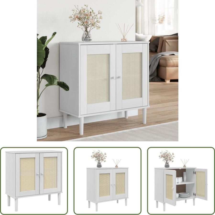 VidaXL Salontafel Dressoir SENJA 80x35x80 cm rattan look massief grenenhout wit Grenoblehouten Meubilair Vintage Dressoir Landelijk Dressoir